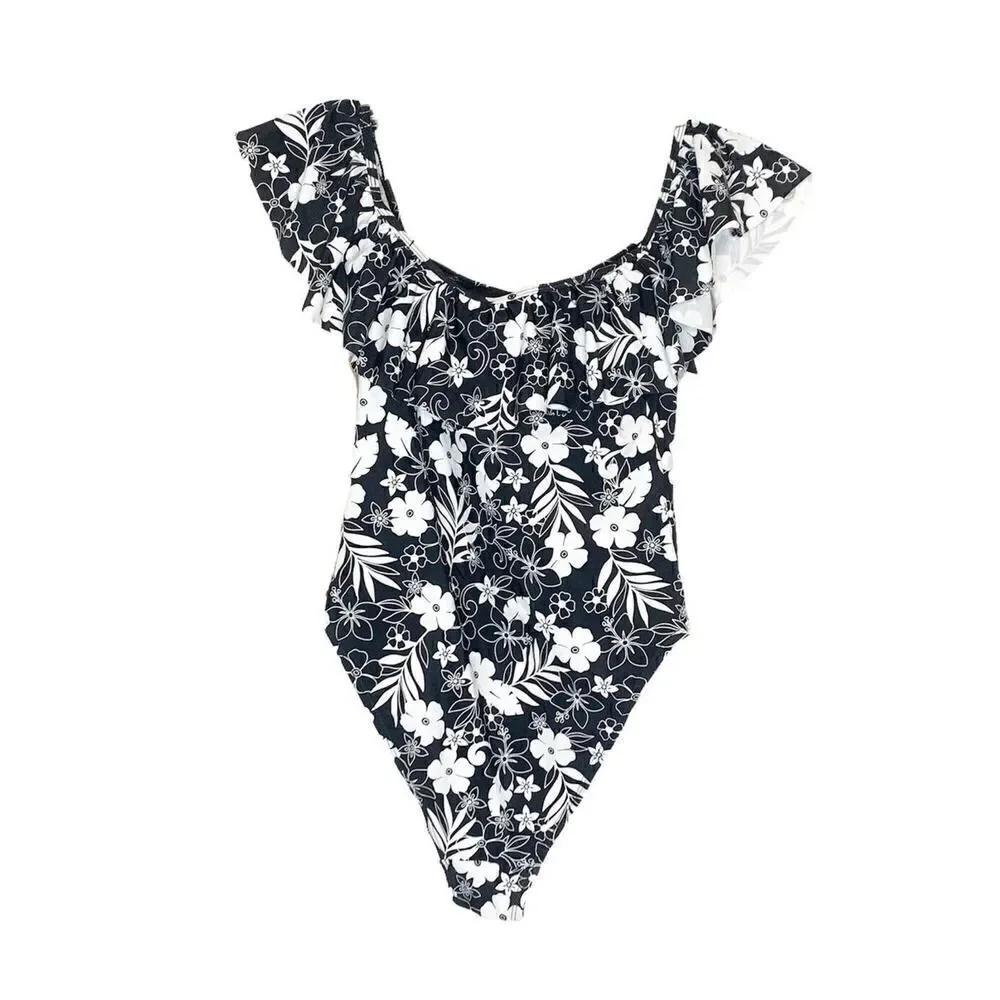 NWT Cabana del Sol Black w/Floral Print, Lined, Ruffled, One-Piece Swimsuit - S
